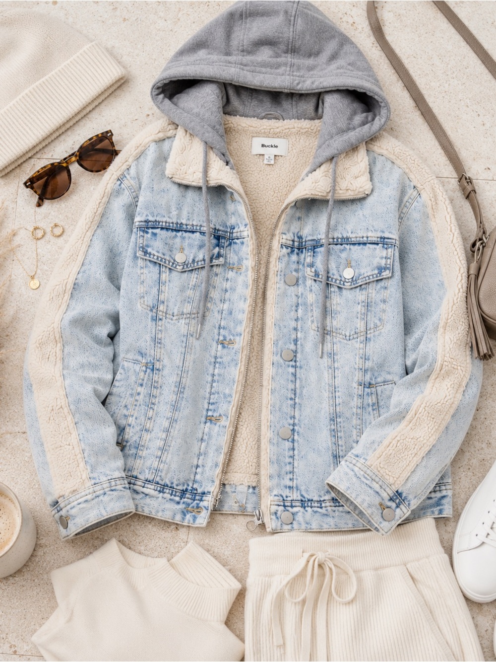 Buckle Hooded Sherpa Lined Denim Jacket Light Wash Jean Coat Cream Gray NWT - Picture 2 of 4